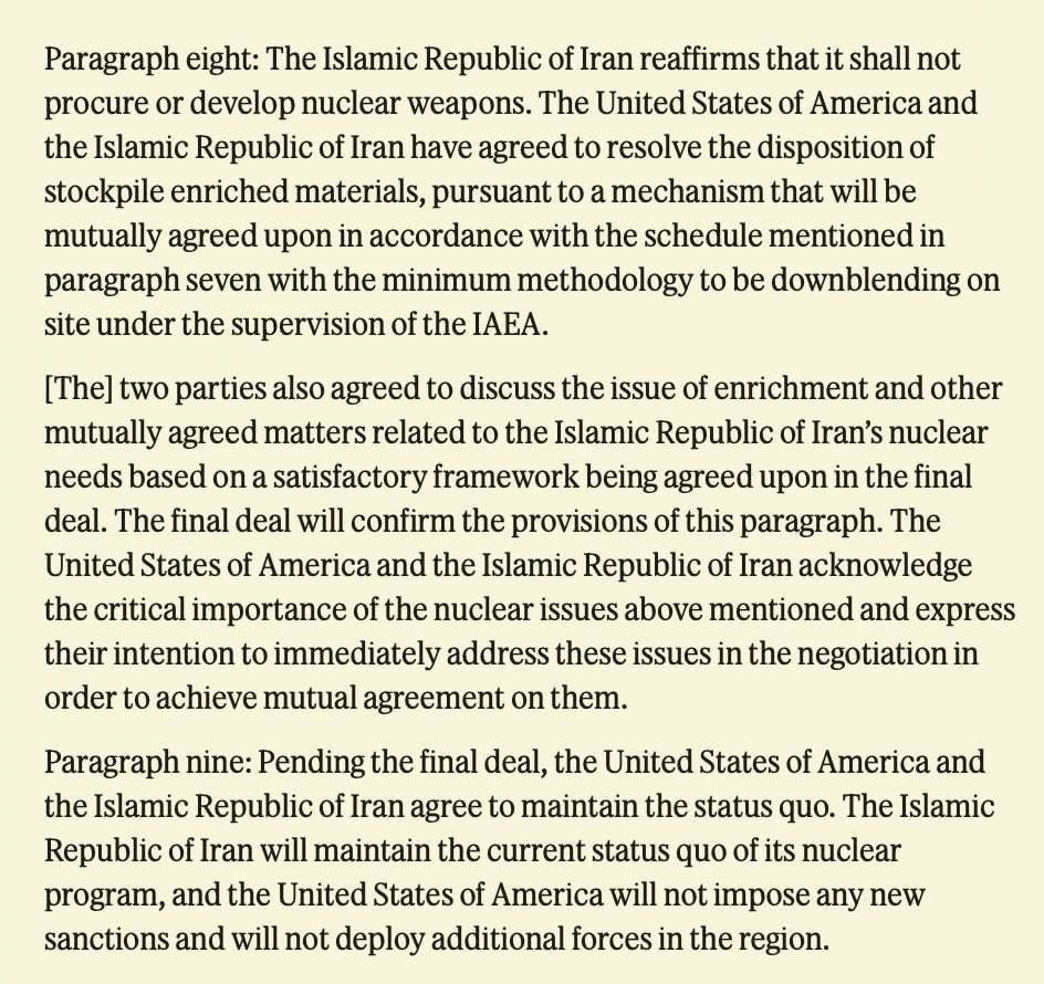DD_Geopolitics's tweet photo. 🇺🇸🇮🇷 BREAKING!!!! The White House has released the full text of 14-point MoU

The points summarised are as follows:

1. The U.S. and Iran, and their allies in the current war, by signing this MoU, declare the immediate and permanent termination of military operations on all fronts, including in Lebanon, and undertake from now on not to initiate any war or any military operation against each other, and to refrain from the threat or use of force against each other, and ensuring the territorial integrity and sovereignty of Lebanon.

2. The U.S. and Iran will respect each other's sovereignty and territorial integrity and refrain from interfering in each other's internal affairs.

3. The U.S. and Iran commit to achieving a final deal in a maximum of 60 days, extendable with mutual consent.

4. The U.S. will immediately begin the removal of its naval blockade and any disturbances or impediments against Iran, and will fully end the naval blockade within 30 days. During this period, the traffic will be in proportion to the number of pre-war traffic being restored by Iran. The U.S. further undertakes to remove its military forces from the proximity of Iran within 30 days after the final deal.

5. Iran will make arrangements for the safe passage of commercial vessels with no charge for 60 days from the Persian Gulf to the Sea of Oman, and vice versa. The traffic of commercial vessels will immediately start, considering the need for removing the technical and military obstacles and demining, within 30 days. Iran will conduct a dialogue with Oman to define the future administration and maritime services in the Strait of Hormuz in discussion with other Persian Gulf littoral states in line with international law and the sovereign rights of coastal states of the Strait of Hormuz.

6. The U.S. undertakes with its regional partners to develop a definitive, mutually agreed plan with at least USD 300 billion for the reconstruction and economic development of Iran, as part of the final deal after 60 days. All required licenses, waivers, and permissions will be granted.

7. The U.S. will terminate all types of sanctions against the Islamic Republic of Iran, including the UNSC resolutions, IAEA Board of Governors resolutions, and all unilateral US sanctions, primary and secondary, in an agreed-upon schedule as part of the final deal.

8. Iran reaffirms that it shall not procure or develop nuclear weapons. The U.S. and Iran have agreed to resolve the disposition of stockpile enriched materials, pursuant to a mechanism that will be mutually agreed upon in accordance with the schedule mentioned in paragraph seven, with at a minimum a downblending on site under the supervision of the IAEA. The two parties also agreed to discuss the issue of enrichment and other mutually agreed matters related to Iran's nuclear needs.

9. Pending the final deal, the U.S. and Iran agree to maintain the status quo. Iran will maintain the current status quo of its nuclear program, and the U.S. will not impose any new sanctions and will not deploy additional forces in the region.

10. The U.S. undertakes that immediately upon the signing of this MoU, waivers will be issued for the export of Iranian crude oil, petroleum products, and derivatives, and all associated services, including banking transactions, insurances, transportation, etc.

11. The U.S. undertakes to make fully available for use the frozen or restricted funds of the Islamic Republic of Iran upon the implementation of this MoU. The U.S. and Iran will mutually agree on the procedures related to the release of these funds during the negotiations.

12. A monitoring mechanism will be established to supervise the implementation of this MoU and the subsequent deal.

13. After signing this MoU and subject to the beginning of the implementation of paragraphs 1, 4, 5, 10, and 11, and the continuing implementation of these measures, the U.S. and Iran will start negotiations regarding the final deal.

14. The final deal will be endorsed by a UNSC Resolution.