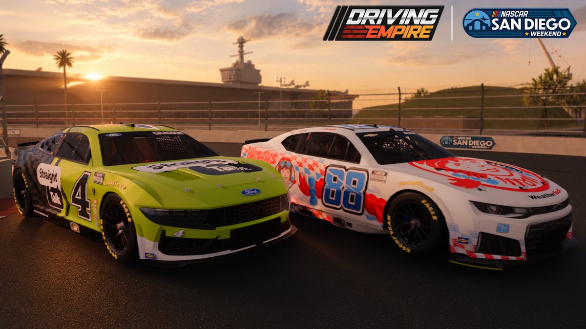 _DrivingEmpire's tweet photo. Here's an exclusive look at 2 of the 13 liveries coming this Friday to NASCAR SAN DIEGO! 🎉👀

Featuring Noah Gragson in the #4 Straight Talk Ford and Connor Zilisch in the #88 Wendy's Chevrolet 🙌

ROBLOX EVENT: https://t.co/IJ01uzm4Tm
#NASCAR #Roblox #DrivingEmpire @Roblox https://t.co/ll5Pnqyuo8