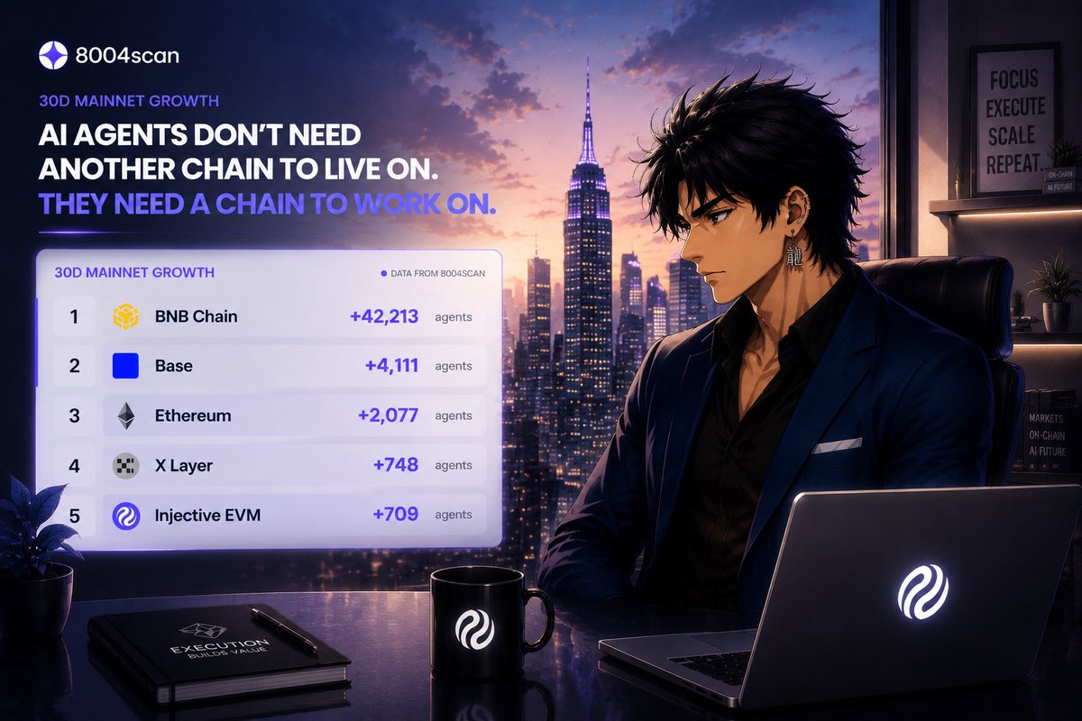 professor34__'s tweet photo. AI agents don’t need another chain to live on they need a chain to work on.

everyone is focused on the 42k+ agents added on bnb chain over the last 30 days.

fair

but the number that caught my attention wasn’t 42,213 it was 709

coz one thing i have learned in crypto

the biggest number isn’t always the most interesting one while everyone is tracking registrations, im paying attention to where AI agents might actually generate value.

we are entering a phase where agents are moving beyond experiments and becoming economic participants.

the question is no longer
can ai agents exist on-chain?

the real question is
where can ai agents create the most value

thats why @injective quietly making its way into the top 5 on 8004scan stands out to me.

not because of the number itself coz of what it could represent.

when i think about the future of AI agents, i don’t think about profiles, registrations or agent counts.

i think about execution.

the most valuable agents won’t be the ones that simply exist
they’ll be the ones making decisions.

➥ analyzing markets
➥ finding opportunities
➥ managing capital
➥ executing 24/7
➥ operating without emotion
➥ moving faster than humans ever could

and few environments are better suited for that than financial markets and thats exactly where injective has been building from day one.

infrastructure matters too

an AI agent making hundreds or thousands of decisions every day needs speed and efficiency.

@injective processes transactions in around 0.6 seconds with transaction costs often as low as ~$0.0003

compare that to many networks where higher fees and slower execution can quickly become a bottleneck for autonomous systems operating at scale.

for agents that need to react instantly, execute strategies and manage capital continuously, those advantages aren’t just nice to have, they can be critical.

so while most people see +709 agents, i see something else

early positioning at the intersection of ai and finance coz in the long run, the winners may not be the chains with the most agents, they may be the chains where agents actually have a reason to stay.

small number
potentially big signal.

$INJ 🥷
