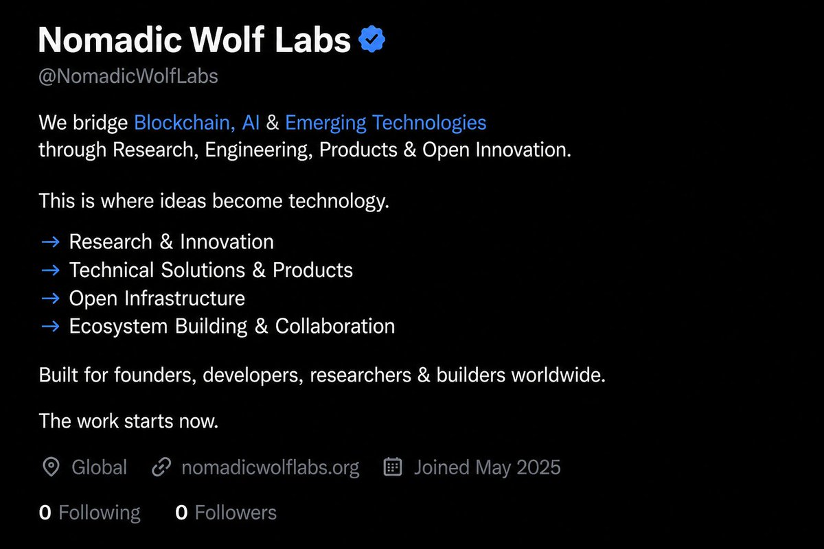 NomadicWolfLabs's tweet photo. Every ecosystem begins with a vision.
Nomadic Wolf Labs begins today.

Bridging Blockchain, AI &amp; Emerging Technologies.
Research. Engineering. Products. Open Innovation.

The work starts now.
nomadicwolf.eth https://t.co/vU0j1RX30r