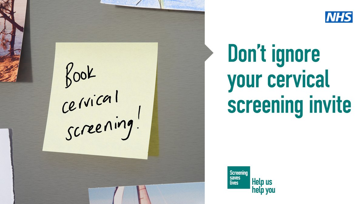 NHS graphic with a sticky note saying 'Book cervical screening!' and the text 'Don't ignore your cervical screening invite'.