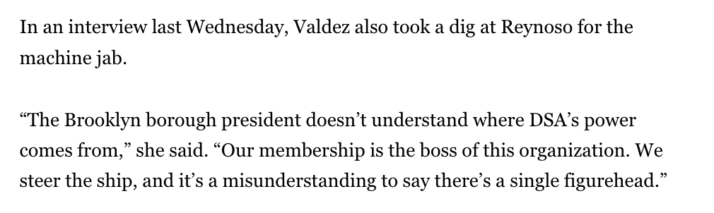 joeywhitc's tweet photo. this response to @ReynosoBrooklyn by @claireforny is the perfect encapsulation of the difference in their politics. Reynoso sees politics as a series of validators, bosses, individuals. He can not understand DSA, which does our political decision making as a collective. https://t.co/G4ySIWDiIt