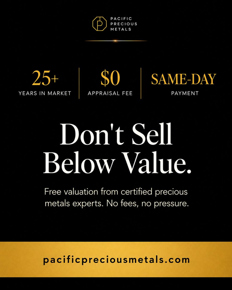 PacPrecMetal's tweet photo. Most inherited collections sell for far less than they're worth - 

Simply because  families don't know where to start. 
Whether it's gold coins, estate jewelry, or silver  passed down through generations, you deserve to know the real value before you  decide anything. 

Free appraisal. Same-day payment available. 

Link in bio.   

#InheritedGold #EstateSale #PreciousMetals #GoldCoins #SellGold #Krugerrand  #SilverCoins #JewelryValuation #PacificPreciousMetals