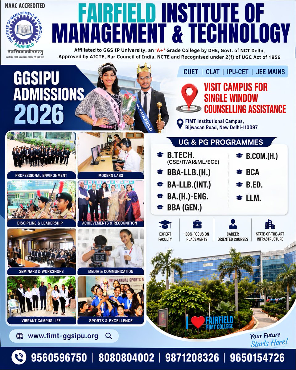 FIMTDELHI's tweet photo. YOUR FUTURE STARTS HERE.
Admissions for 2026 are OPEN at FIMT. Whether you’re a tech whiz, a legal eagle, or a future educator, we have the perfect path for you.
Apply via:
✅ IPU-CET | CLAT | CUET | JEE-MAINS
🌐 https://t.co/EWFon6V9Wn
#FIMT #NewDelhi #CollegeAdmissions https://t.co/XFsF1aTneJ