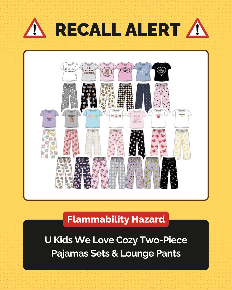 ONFireMarshal's tweet photo. Recall Alert: U Kids has expanded their recall of We Love Cozy children’s pajama sets and lounge pants for failing to meet flammability requirements, posing a rapid burn risk. Stop using the affected products immediately. 

Learn more about the recall here: https://t.co/XcgDpXK2bY 

#RecallAlert #Recall