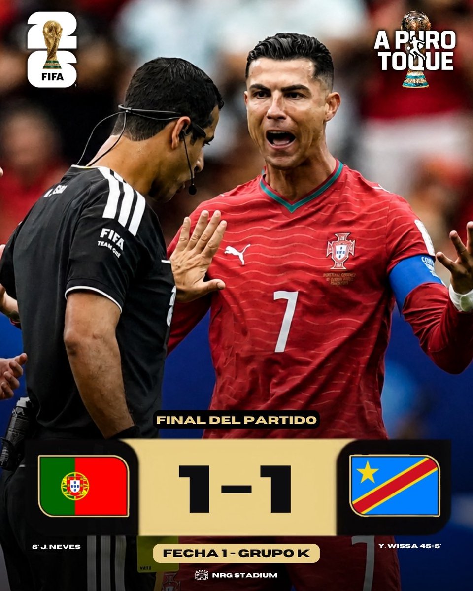 ApurotoqueOK's tweet photo. 🌎🤝 ¡PORTUGAL Y RD CONGO NO SE SACARON DIFERENCIAS EN SU DEBUT MUNDIALISTA! 🇵🇹🇨🇩

🇵🇹 1️⃣➖1️⃣ 🇨🇩

🔹 GOLES:
⚽ 6’ J. NEVES
⚽ 45+5’ Y. WISSA

✍️📷: @DemianDaloia 

#FIFAWC2026 #PORCOD #PORTUGAL #RDCONGO #WorldCup2026 #CR7 #cristianoronaldo https://t.co/HJA2snhuXB