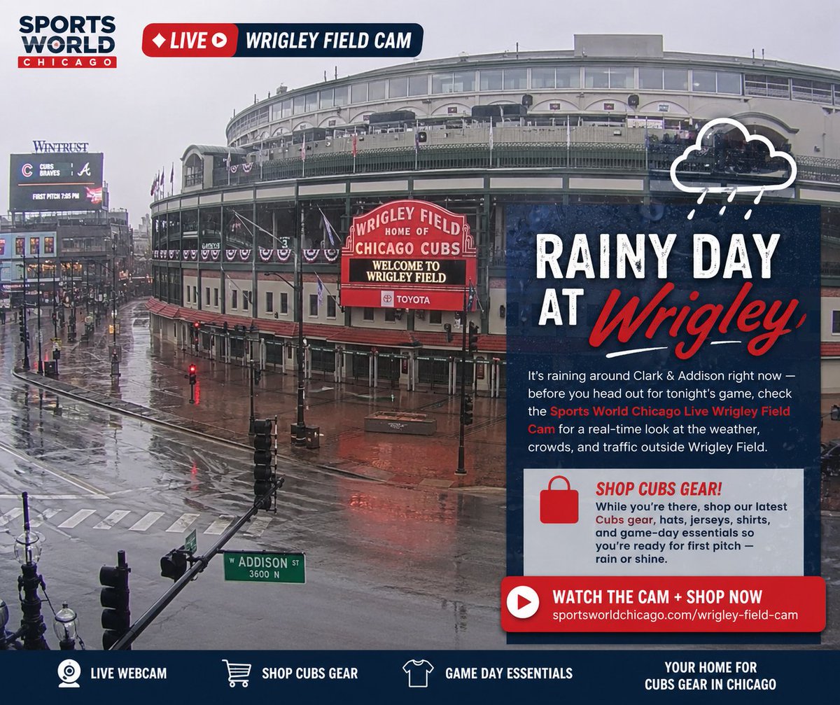 SportsWorldChic's tweet photo. Rainy day at Wrigley 🌧️⚾️

👀 Watch the Cam + Shop Now: https://t.co/RjiDY8BsQR

While you’re there, shop our latest Cubs gear, hats, jerseys, shirts, and game-day essentials so you’re ready for first pitch — rain or shine.

#wrigleyfield #wrigleyville #chicagocubs #ChicagoWeather #GoCubsGo #cubs
