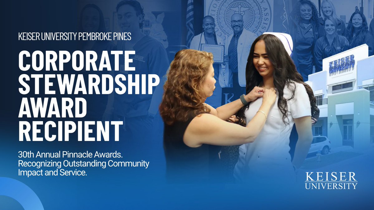 KeiserU's tweet photo. We are honored to share that Keiser University Pembroke Pines has been named the recipient of the Corporate Stewardship Award at the 30th Annual Pinnacle Awards, presented by the Regional Miramar Pembroke Pines Regional Chamber of Commerce.

This recognition celebrates organizations that make a meaningful impact in their communities and reflects our longstanding commitment to service, education, workforce development, and community engagement.

At Keiser University, we believe in building strong partnerships and creating opportunities that help individuals, businesses, and communities thrive. We are grateful to be recognized alongside so many outstanding organizations dedicated to making a positive difference.