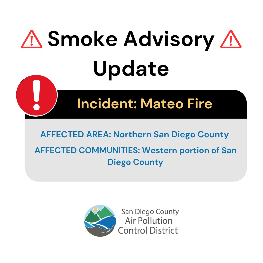 sdapcd's tweet photo. ***ACTIVE SMOKE ADVISORY UPDATE***

***STILL IN EFFECT***

AFFECTED AREA: Northern San Diego County

AFFECTED COMMUNITIES: Western portion of San Diego County

For more information visit our website, https://t.co/a4Xyhs1V6j

#MateoFire https://t.co/dsOE7HOawy