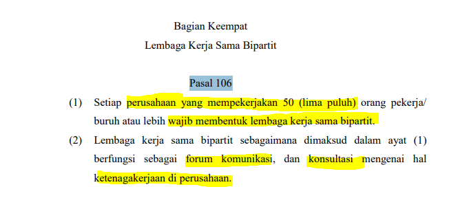 MenteriPekerja's tweet photo. Sekadar ngingetin nih, kalau karyawan di perusahaan udah nyentuh angka 50 orang, perusahaan itu wajib banget bikin forum komunikasi rutin.

Ini bukan anjuran ya, tapi amanat undang-undang!

Dasar:
Pasal 106 UU 13 tahun 2003. https://t.co/qkDNBGNnfg