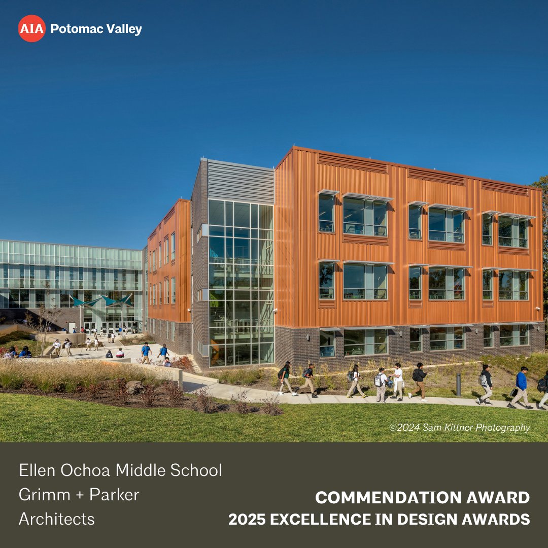 AIAPVC's tweet photo. Celebrating Grimm + Parker Architects and their award-winning LEED Gold Ellen Ochoa Middle School in Landover Hills, MD, recognized with a Commendation Award in AIAPV’s 2025 Excellence in Design Awards
🔗 https://t.co/dhr3INTLEQ

#aiapotomacvalley⁠ #AIAPVAwards2025⁠ https://t.co/T2dMmkGF1a