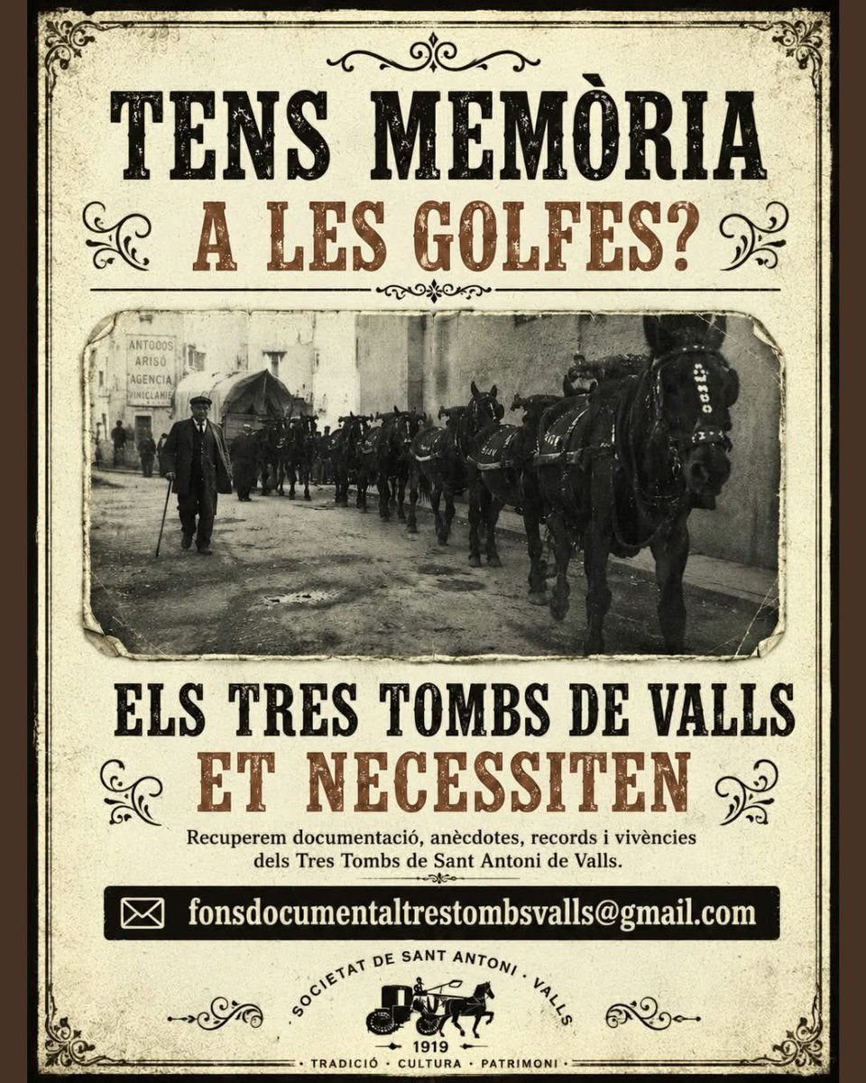 TresTombsValls's tweet photo. 📦🐴 Tens memòria a les golfes? Els Tres Tombs de Valls et necessiten!

Potser en una capsa oblidada, en un calaix o dalt de les golfes hi tens una fotografia antiga, un programa de mà, una carta, una notícia de diari https://t.co/4p1u43qzex