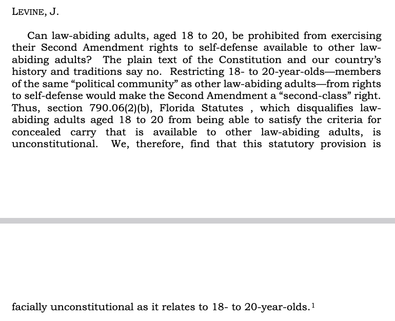 gunpolicy's tweet photo. LEGAL ALERT: A Florida appeals court has ruled that the state’s law prohibiting 18-20-year-olds from applying for carry permits violates the Second Amendment. https://t.co/ZtScg5dVpl https://t.co/MJLc1bX1fz