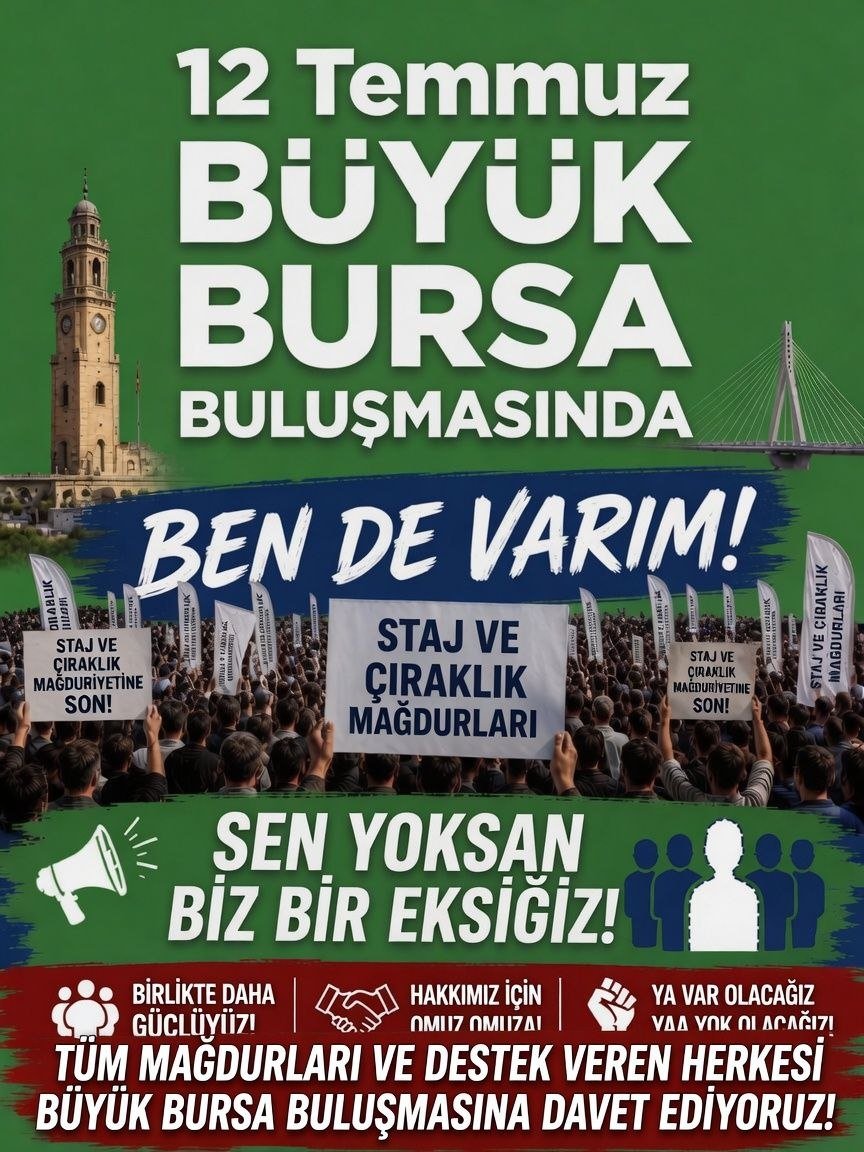 bursastajder's tweet photo. 📢 12 Temmuz’da Bursa’da Buluşuyoruz!

Yıllardır görmezden gelinen Çırak ve Stajyer mağduriyetine karşı artık sesimizi daha güçlü duyurma zamanı. 
Haklı davamızın kazanımı; birlik, dayanışma ve kararlılığımızdan geçiyor.

@RTEdijital @RTErdogan
@sgksosyalmedya @kayserimem  @Akparti @tcmeb @Yusuf__Tekin @iletisim @tcbestepe
@csgbakanligi  @adalet_bakanlik @tcmeb  @MHP_Bilgi @herkesicinCHP
@insanhaklariDB @dbdevletbahceli
 @CirakStajFED

Bu mücadelede her bir mağdurun varlığı çok kıymetli. Çünkü sen yoksan bir kişi eksiğiz, sen varsın daha güçlüyüz!

12 Temmuz Pazar günü Bursa’da gerçekleştireceğimiz basın açıklamasında; hakkımızı, emeğimizi ve geleceğimizi savunmak için omuz omuza olacağız.

📍 Haklı mücadelemizde tek yüreğiz!
📍 Sesimizi ne kadar yükseltirsek, çözüm o kadar yakın olacaktır!
Tüm Çırak ve Staj mağdurlarını, ailelerini ve destek veren herkesi Bursa Basın Açıklamamıza davet ediyoruz.

Gel, ses ol. Gel, güç ol. Gel, tarihe not düşelim!
#Bursa

Bahçeli Sözü Hükümsüzmü
#StajyerÇırakUnutturmayacak