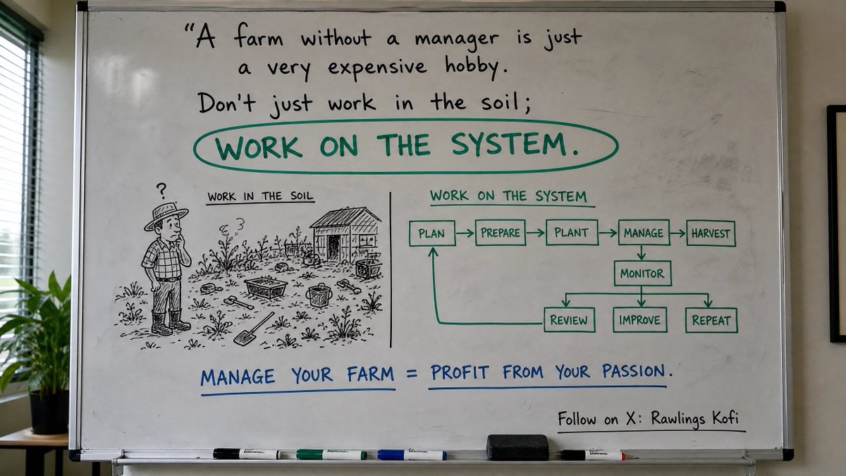 kofi_rawlings's tweet photo. A farm without a manager is just a very expensive hobby. Don't just work in the soil; work on the system.
#Agribusiness #ZimFarmers #FarmManagement #WorkOnTheSystem #RawlingsKofiTips https://t.co/YhzcltjYPf