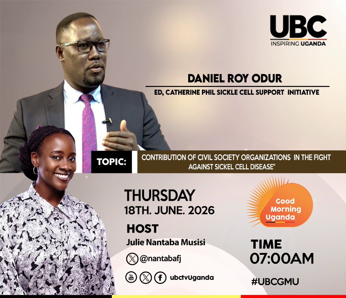 UgandaSickle's tweet photo. Join us for this timely and insightful conversation on @ubctvuganda as our Executive Director, Daniel Roy O'dur, shares the critical role that civil society organizations play in advancing awareness, advocacy, and support for individuals and families affected by sickle cell disease in Uganda.

As the global community commemorates World Sickle Cell Day on 19 June 2026, this discussion highlights the collective efforts, achievements, and opportunities for strengthening the response to sickle cell disease and improving health outcomes across communities.

Don't miss this important dialogue on leadership, collaboration, and the power of civil society in driving meaningful change.
@SickleInAfrica @ASH_hematology @JollyAtwine @olaro_charles  @UhuruInstitute @UNOC_UG @DailyMonitor @jcrc_official1  @terumobct @CARareDisease @SabrinaKitaka @MinofHealthUG @DianaAtwine @MugenyiHenry  @RaremarkFdn @ondoga  @Microhaem @WomensHealthMag  @AfricaCDC @TexasChildrens @bmsnews @bayloruganda @AfricanAFRAN @terumobct @CHRISBARYOMUNS1 @ainbyoo @ubtsug1  @mentalhealth @TheSCMHFund @SCMentorship @ConquerSCD @cphluganda @mssicklecell @SickleCellUK  @Patricia_Aceng @LUPHSAlirauni @Towncollege @EddyOlwa @LiraSqoop @kofihuganda @VioletLobelia @JCRCofficial @NicosamHealth @kcbbankug  @UhuruInstitute @victoria_sibiya