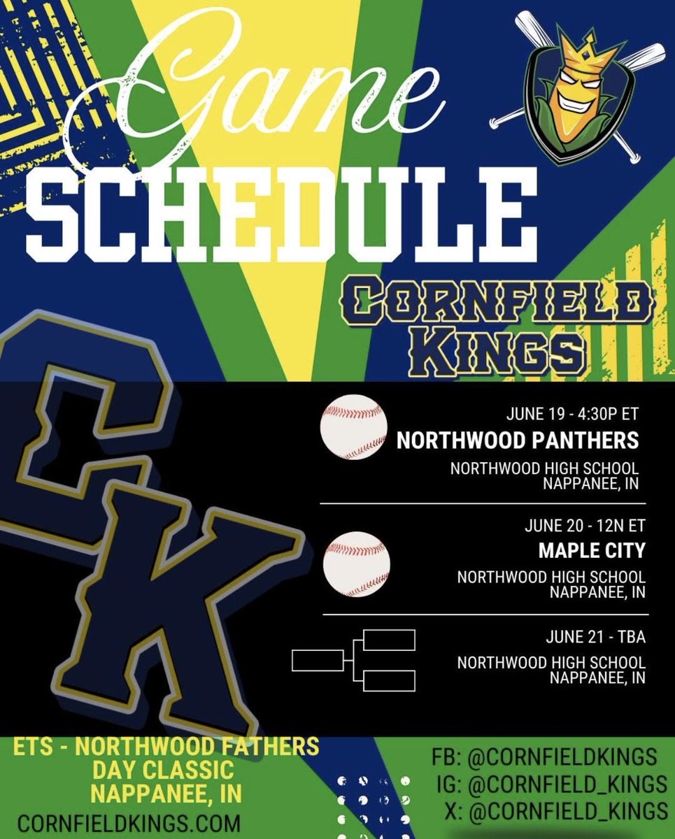 cornfield_kings's tweet photo. Weekend schedule dropped. ⏳

The Kings are headed to Northwood for the ETS Sports Father’s Day Classic.
Different field. Same mission. 🌽👑

#CornfieldKings #ETSBaseball #FathersDayClassic #BaseballSeason #TravelBall #BuiltDifferent https://t.co/VaN1PxhoOW