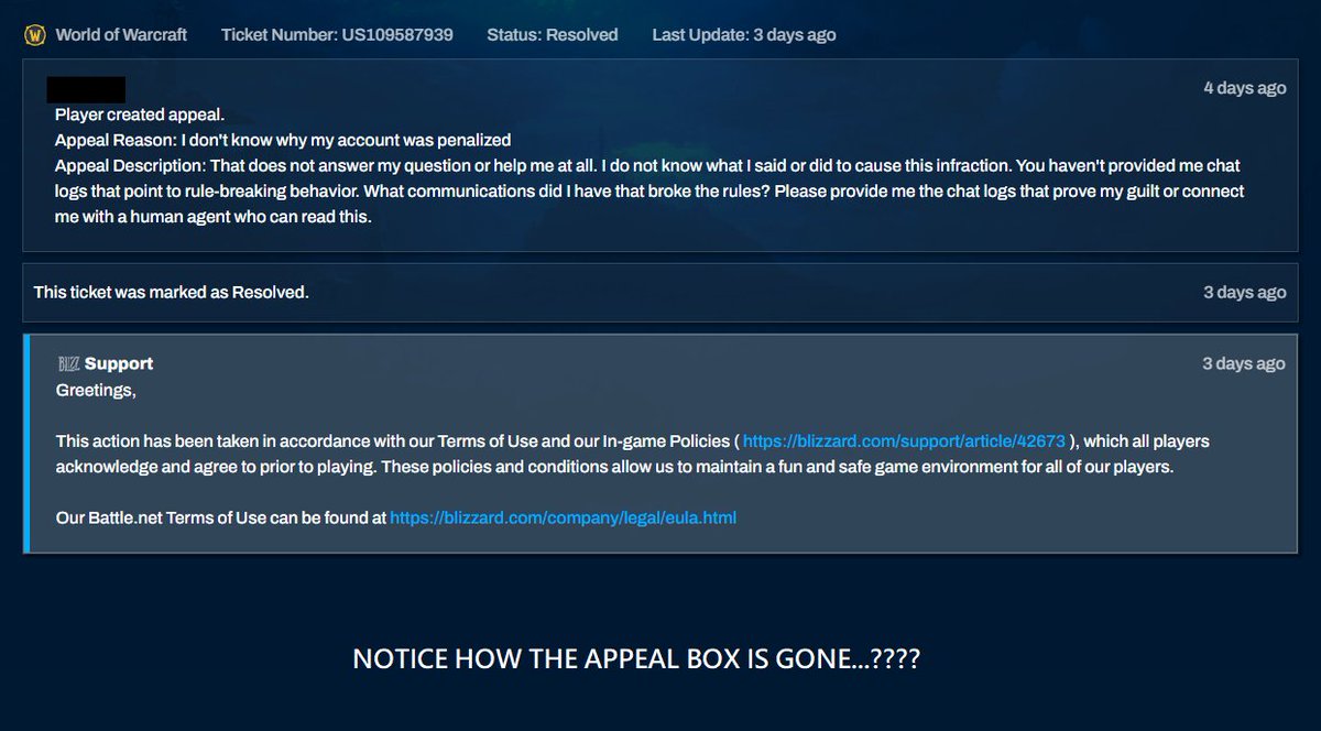 cydristrasz's tweet photo. This is so fucking annoying! @BlizzardCS refuses to read my tickets or answer my questions. They blocked my appeals without reading or answering my question, so I opened a new ticket. And then in the new ticket they say "just appeal it bro". This is ridiculous! https://t.co/nT97DqcbjK