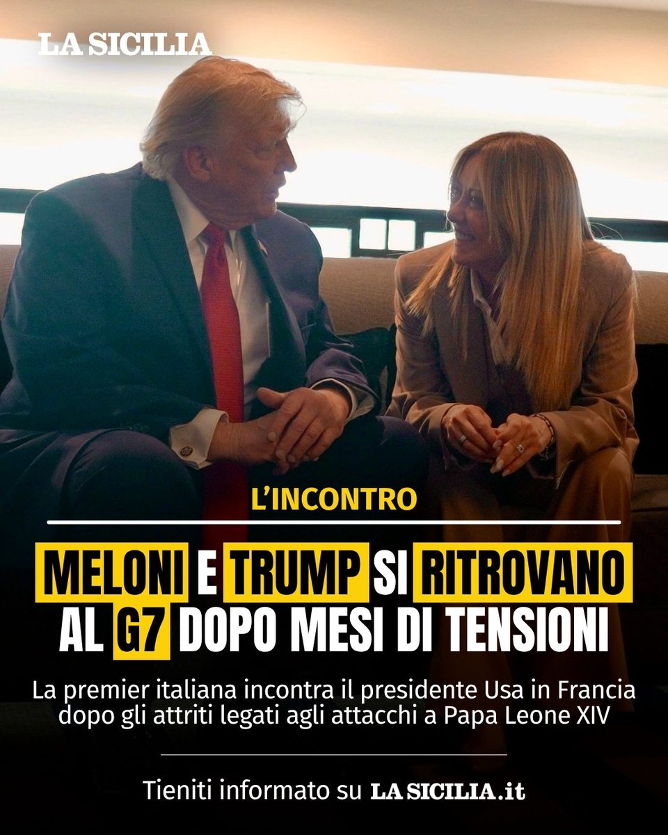 lasicilia's tweet photo. 🤝 Faccia a faccia tra Giorgia Meloni e Donald Trump al vertice del G7 in Francia.

L'incontro arriva dopo mesi di rapporti non sempre distesi, segnati anche dalle polemiche seguite alle dichiarazioni del presidente statunitense nei confronti di Papa Leone XIV https://t.co/eMMmQuDGdf
