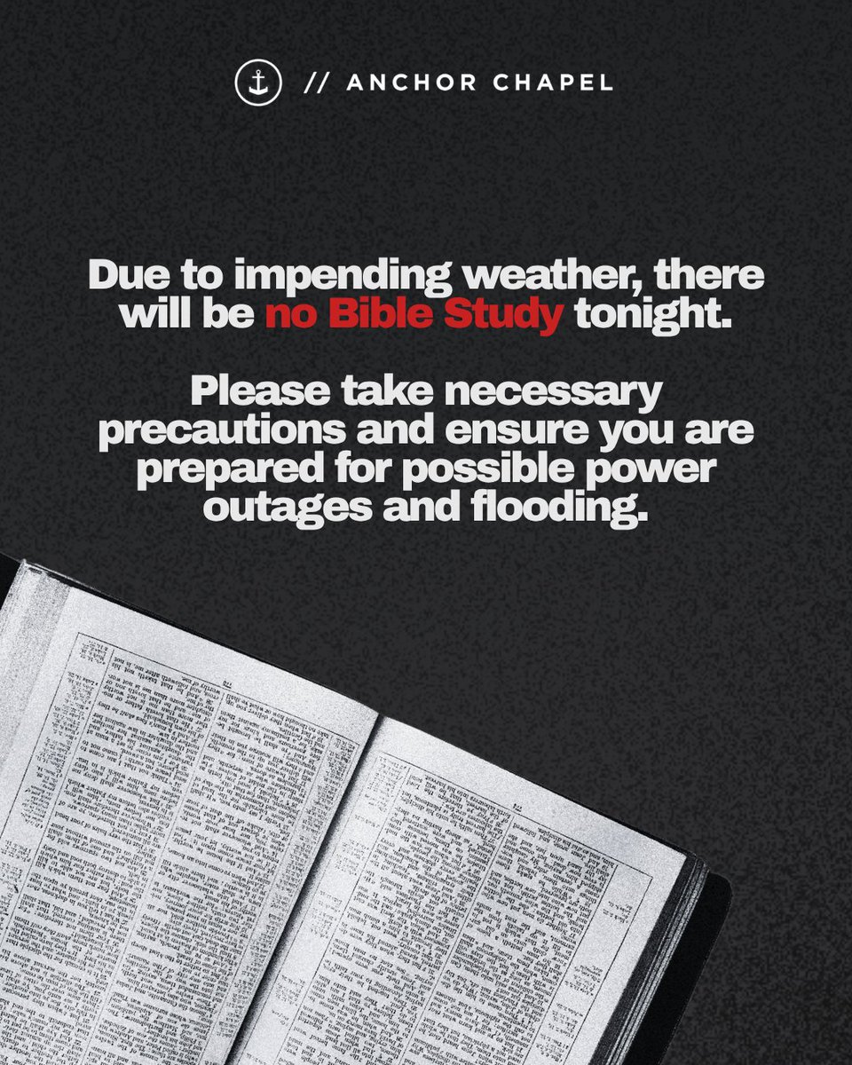 AnchorChapel's tweet photo. ⚠️ Due to impending weather, Bible Study has been postponed for tonight.

Please stay safe, check on your loved ones, and continue to monitor local weather updates. We look forward to gathering with you again next week. 🤍 https://t.co/A4DZOJEU8C