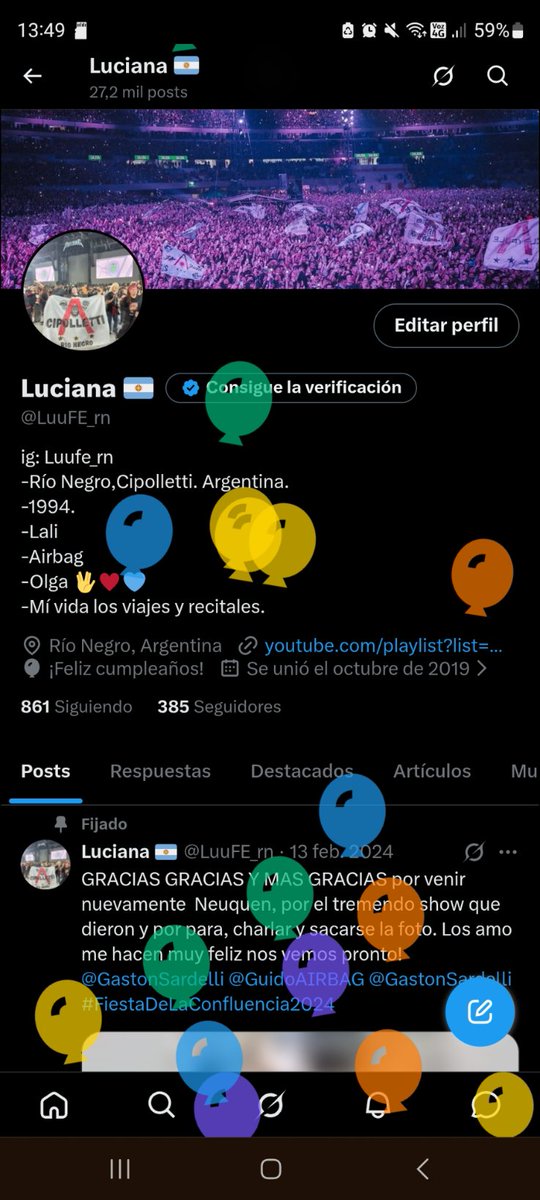 LuuFE_rn's tweet photo. Hoy es mi cumpleaños 😁🥂 me haría muy feliz un saludo de parte de ustedes, mi compañía de todos los días @miguegranados  @natijota   @olgaenvivo https://t.co/E8bbM7SG4w
