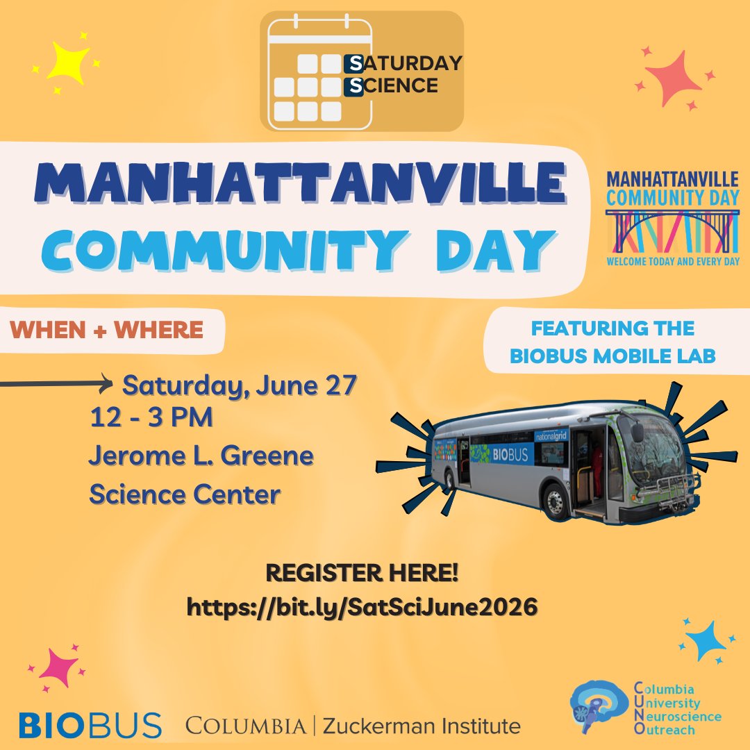 BioBus's tweet photo. Saturday Science will be at Manhattanville Community Day with a Mobile Lab! 🌈🚎🧪

Free activities for children of all ages to explore the science of the brain ✨🔎🧠

📍 605 W 129th St
📆 Saturday, June 27
🌟 Drop in anytime from 12–3 PM https://t.co/f4fNUrFWzC