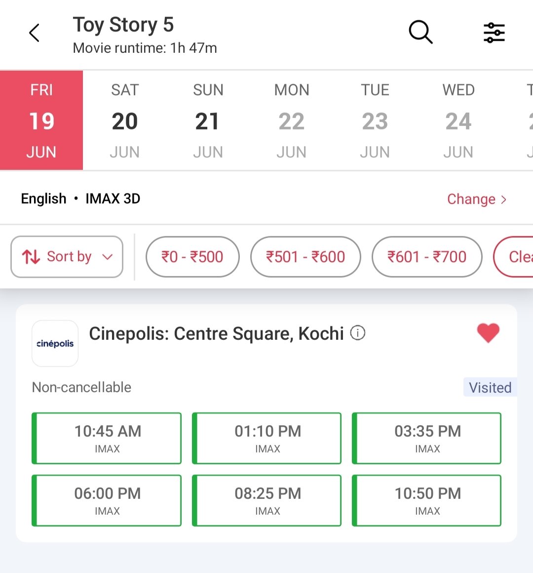rahool360's tweet photo. I completely forgot #Toystory5 will be in #IMAX. I haven't watched any of Toystory so can't watch it day 1 . Also has come to decision that I am not going to pay more than Rs450 to watch a movie here unless it is really must watch movie with exclusive expanded ratio. They have lost their mind now and are pricing every movie like this from day 1 and none of the shows are getting any traction. They are looting with certain movies ie okay but consider decreasing the rate for other movies. Shld start either 350 to 400rs for the front rows depending on the hype and  use dynamic pricing according to the sales. Otherwise the shows will remain like this. #Cinepolis #Kochi #IMAX