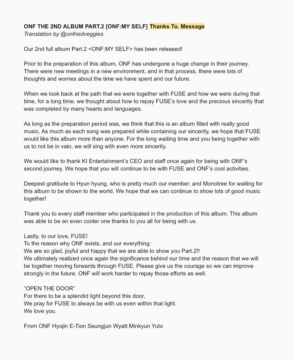 onfriedveggies's tweet photo. #ONF #온앤오프 THE 2ND ALBUM PART.2 [ONF:MY SELF] Thanks To. Message ENG Translation
🚪❤🧡💜🖤💚💙💡 https://t.co/fB7KFziCk1