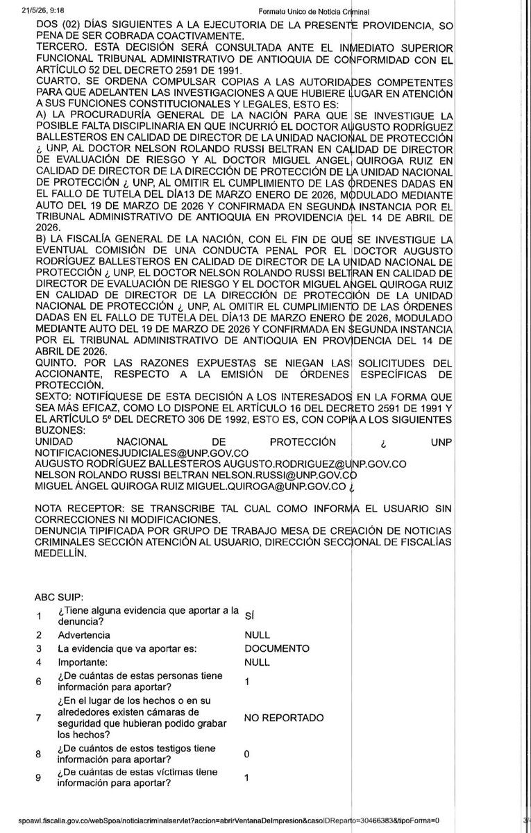 SALVARANM's tweet photo. 🚨 | URGENTE:

Por orden del Juzgado Octavo Administrativo Oral del Circuito de Medellín, la Fiscalía General de la Nación acaba de aperturar una indagación preliminar con número de noticia criminal en contra del director de la Unidad Nacional de Protección, Augusto Rodríguez, y otros 2 funcionarios de esa entidad.