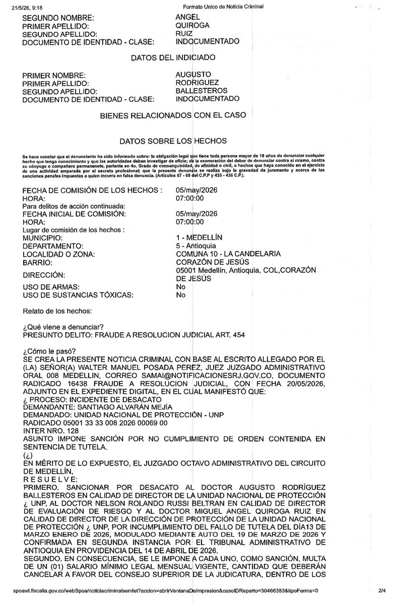 SALVARANM's tweet photo. 🚨 | URGENTE:

Por orden del Juzgado Octavo Administrativo Oral del Circuito de Medellín, la Fiscalía General de la Nación acaba de aperturar una indagación preliminar con número de noticia criminal en contra del director de la Unidad Nacional de Protección, Augusto Rodríguez, y otros 2 funcionarios de esa entidad.