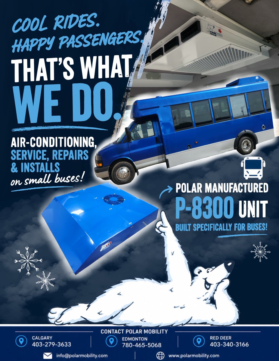 MobilityPolar's tweet photo. It's all fun and games until the bus turns into a sauna... 🥵
Luckily, WE HAVE A SOLUTION FOR THAT!

❄️ Polar P-8300 Bus A/C Unit
🔧 Service, Repairs &amp; Installs
🚌 Built specifically for small buses

Toll-free 1-800-309-8155 https://t.co/93OrOglwCe