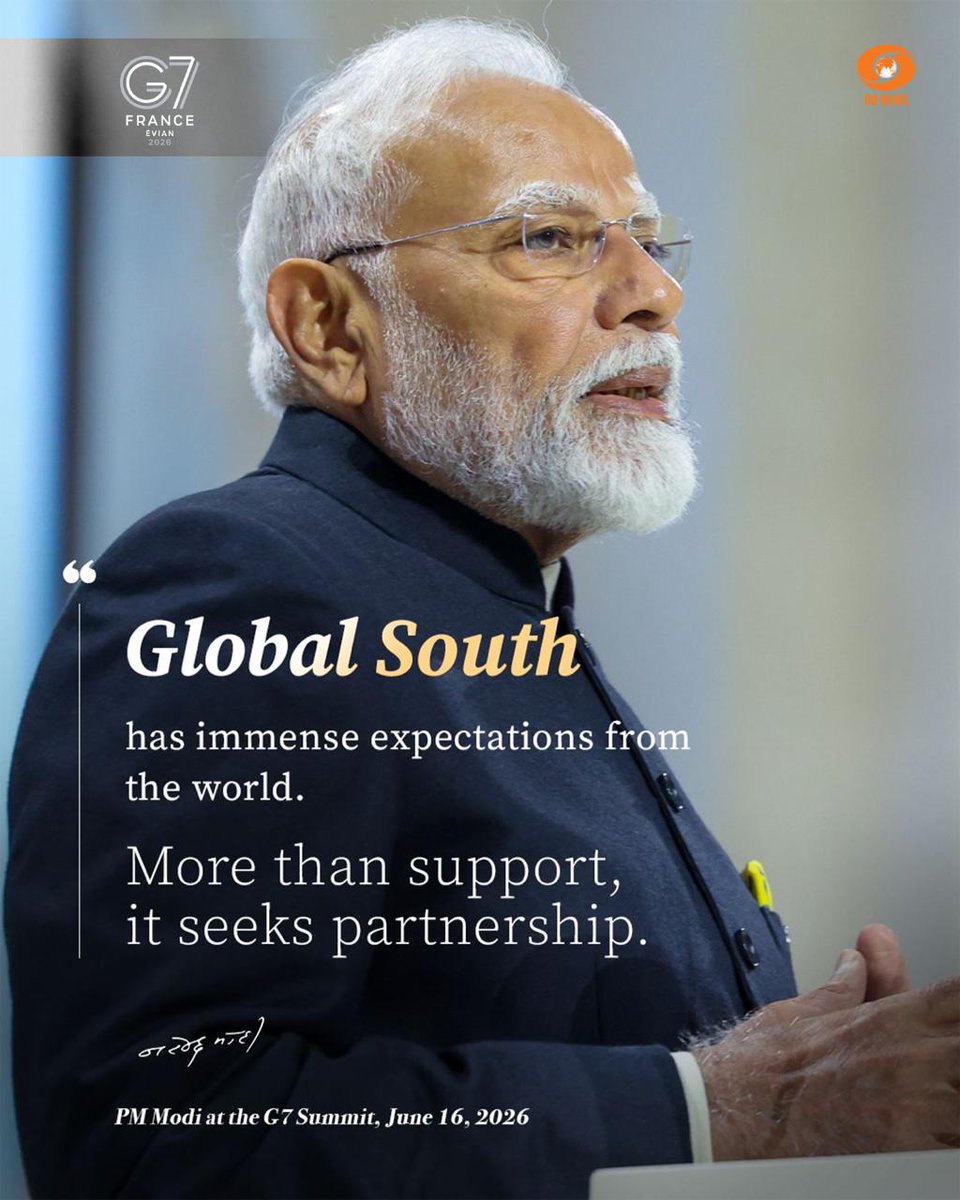 DDNewslive's tweet photo. @narendramodi @MEAIndia Global South has immense expectations from the world. More than support, it seeks partnership: PM @narendramodi 

@MEAIndia #G7Summit #G7Summit2026 #PMModiInFrance https://t.co/PWIFRLIQ20