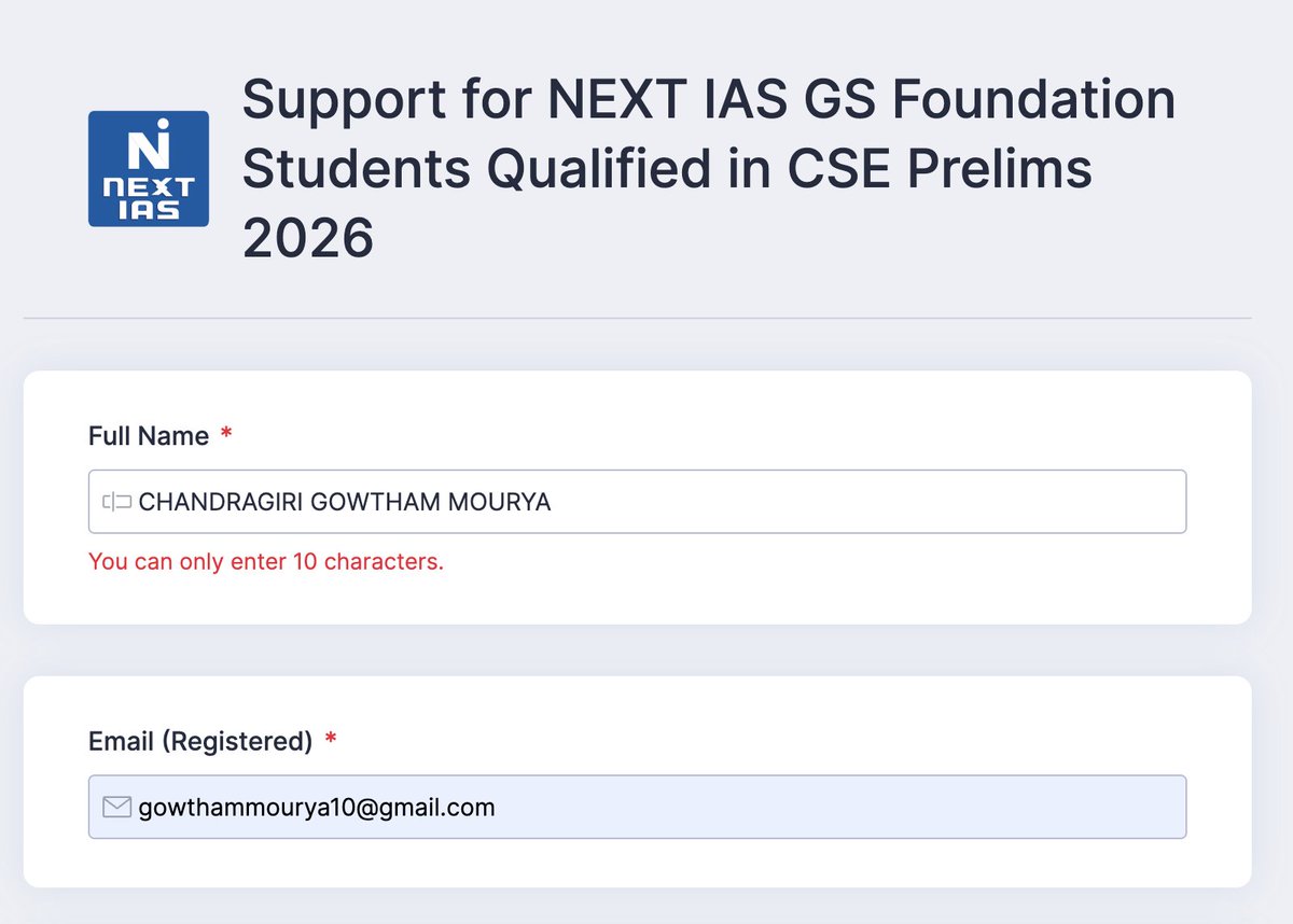 gowtham_mourya's tweet photo. @NEXTIAS_Delhi 
 Registration form bug: Full Name field has conflicting validation—says "max 10 characters" then "min 10 characters." 
Makes registration impossible. Please fix asap. https://t.co/0V4XYhbBk9