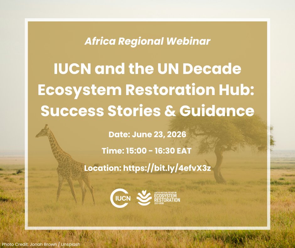 IUCN_forests's tweet photo. 🎊 Join us for the second UN Decade Ecosystem Restoration Digital Hub Regional Webinar focusing on Africa and taking place Tuesday June 23rd!

📚 Highlighting IUCN restoration initiatives from across Africa centered on a diverse range of ecosystems, this webinar will provide guidance on what and how to contribute to the UN Decade digital hub.

📅 Date: June 23, 2026
⏰ Time: 15:00 - 16:30 EAT
📍 Location: https://t.co/Pgtnjt6rsn

🌍 Visit the UN Decade Ecosystem Restoration Hub to explore existing initiatives:https://t.co/Ehz2jhz03D.

@Decade2Restore @UNEP @IucnE @UICN_PACO 
 #GenerationRestoration #UNDecade #Restoration