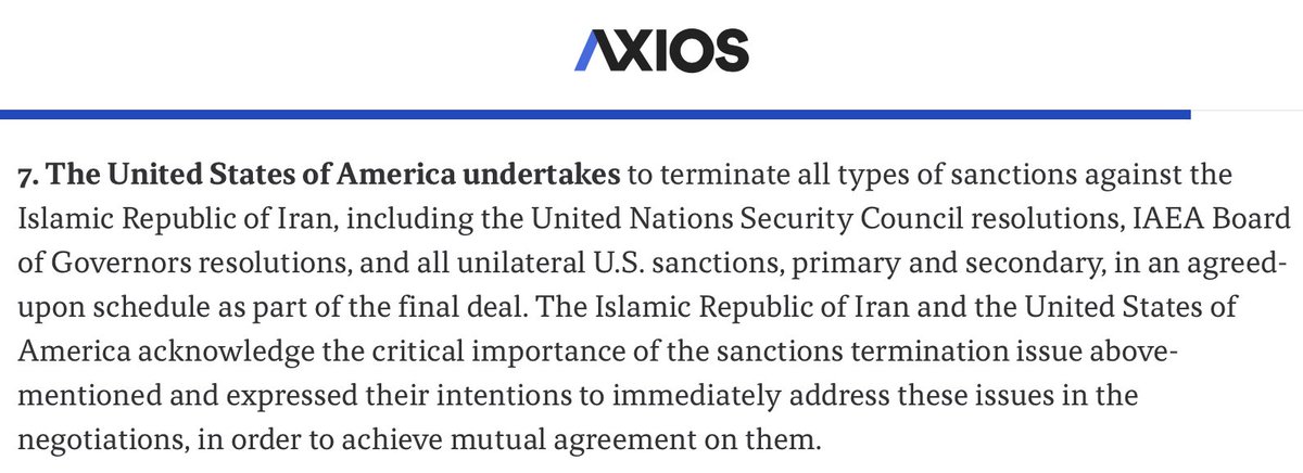nedprice's tweet photo. Fighting -- and ultimately conceding -- foolish wars inevitably leads to bad deals. One example: Obama's Iran Deal was specific, suspending only nuclear-related sanctions in return for steps that blocked all of Iran's pathways to a nuke. The idea was simple: with the nuclear challenge addressed, we could take on Iran's other threats -- and probably more effectively. 

Trump's deal, on the other hand, envisions lifting ALL sanctions against Iran, not just nuclear-related sanctions, if a nuclear deal is reached. This is a far, far bigger carrot for the same reward as the JCPOA. 

Nuclear sanctions -- gone. 
Terrorism sanctions -- gone. 
Ballistic missile sanctions -- gone. 
Cyber-related sanctions -- gone. 
Human rights sanctions -- gone. 
Etc. -- all gone. 

This isn't to say we should go back to war. Quite the opposite; it's another datapoint that we shouldn't fight stupid wars in the first place.
