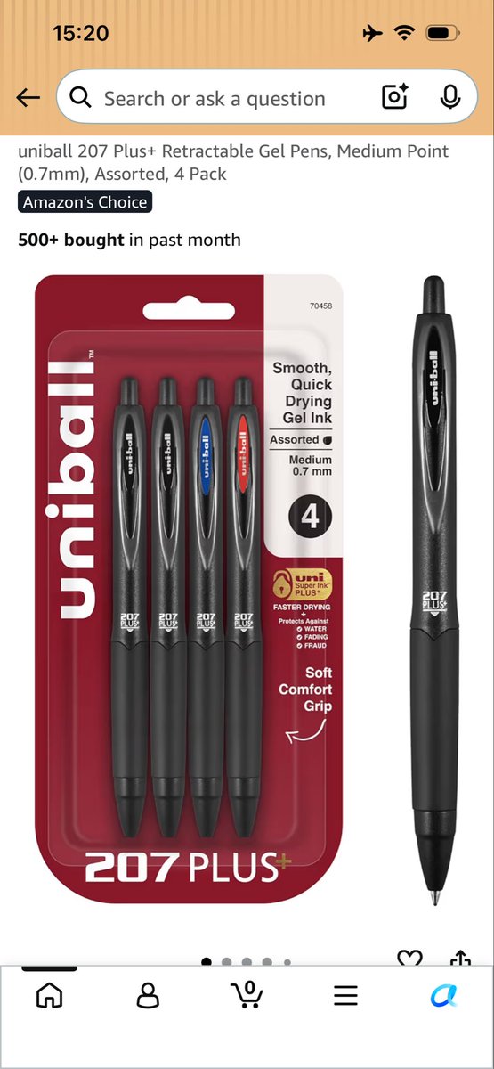 TheAl_Mo's tweet photo. A bit of a pen snob myself. 

As far as cheap pens go, the Uniball 207+, Medium tip has been my all around go to. 

It’s excellent and consistently performs on various terrains. My daily driver. 

Great handling. Nice, sleek silhouette. Smooth ink. Velvety and consistent. Dries fast and doesn’t smear on my hand (left-handed).