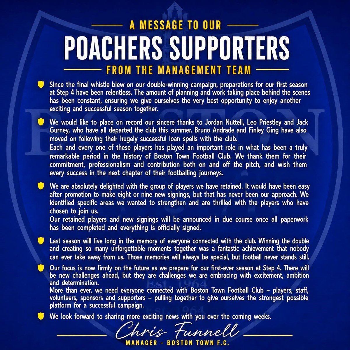 bostontownfc's tweet photo. Poachers manager Chis Funnell has this message for all supporters ahead of a busy pre-season schedule
#Poachers ]#BostonTown https://t.co/1itD8EVdQp