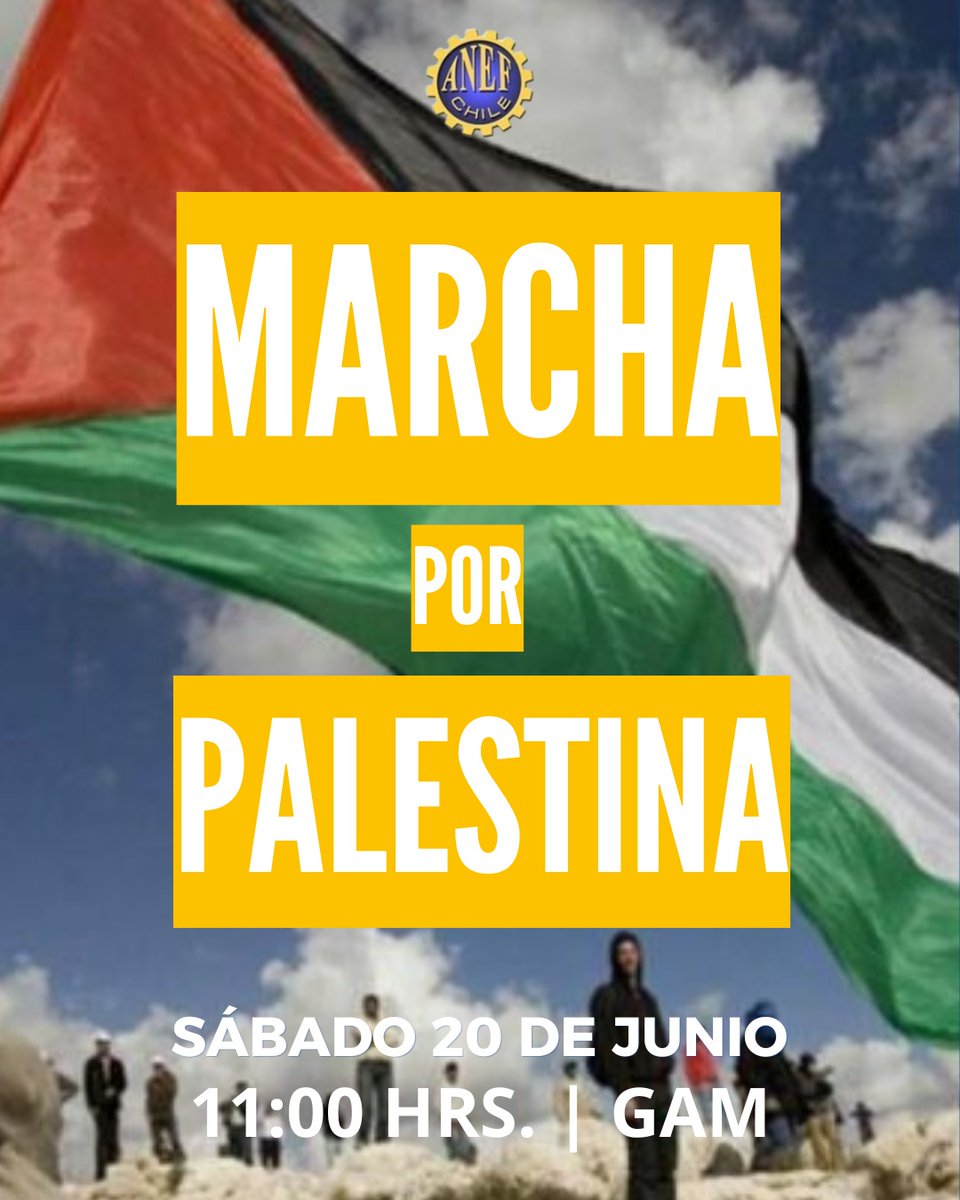 anefchile's tweet photo. 🇵🇸 La #ANEF adhiere y convoca a participar en la Marcha hasta que Palestina sea libre, manifestación contra el genocidio, el apartheid y las violaciones a los derechos humanos.

📍 Sábado 20 de junio
🕚 11:00 horas
📌 Frontis GAM https://t.co/fdOBC8iUXS