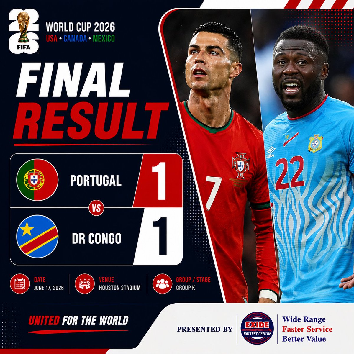 exide_centre's tweet photo. A hard-fought battle in Houston! 🇵🇹🤝🇨🇩 Both Portugal and DR Congo leave it all on the pitch in this Group K opener. A point each to start the World Cup journey! Who impressed you most tonight? 🏆⚽️ #FIFAWorldCup2026 #PORvCOD #WorldCup #HoustonStadium https://t.co/7X5mdgdFSX
