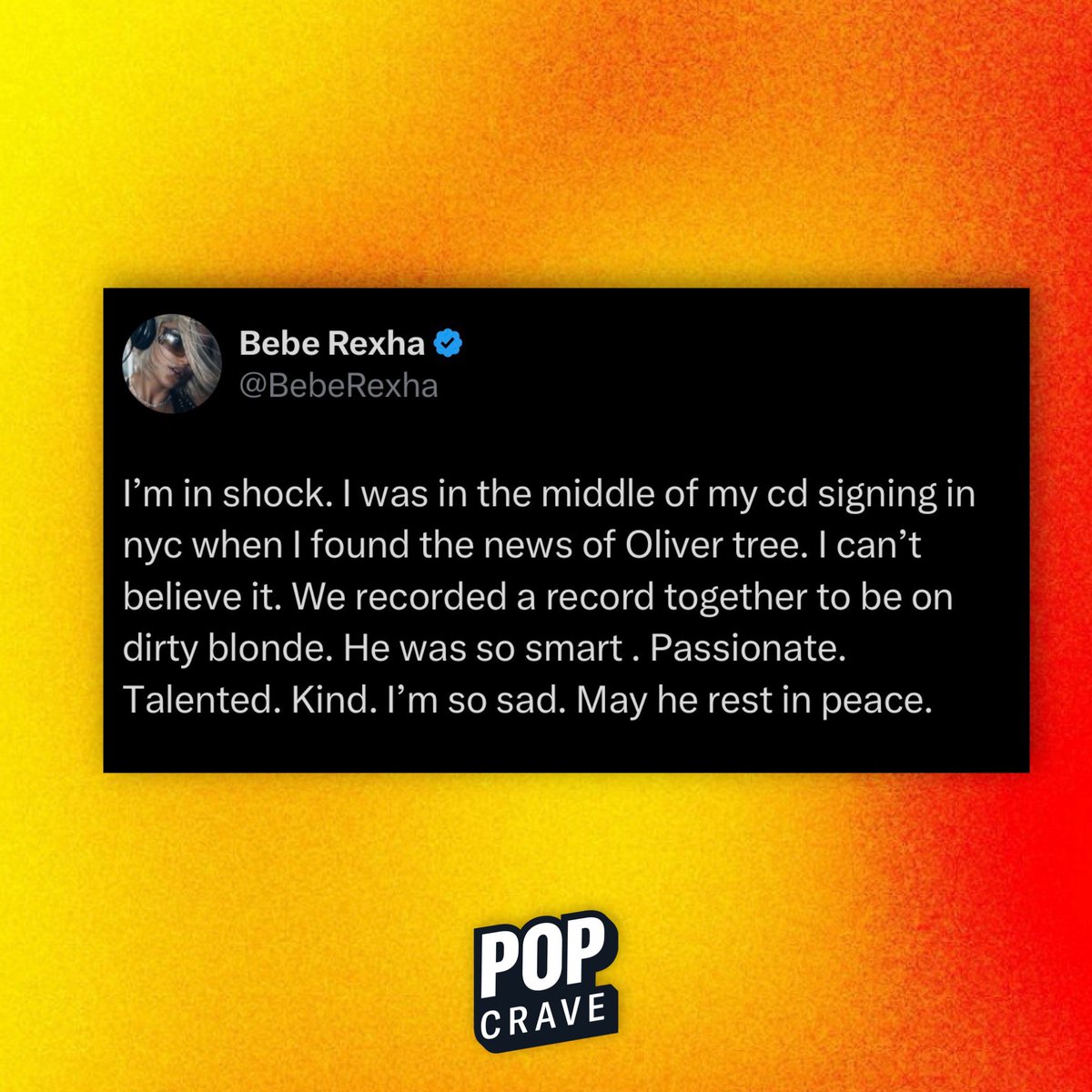 PopCrave's tweet photo. Bebe Rexha reacts to Oliver Tree's passing and reveals they had recorded a song together for her album, ‘DIRTY BLONDE.’ https://t.co/xtkbXBi4Y4