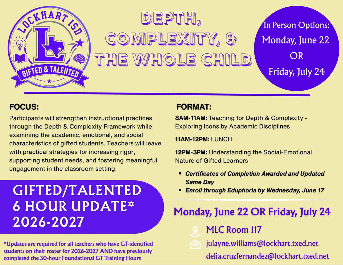 WilliamzWizardz's tweet photo. Today is the last day to register for Monday’s GT In-Person 6 Hour Update for next school year at Lockhart ISD. I’m also hosting another opportunity on July 24th. Updates are required for all GT Cluster teachers, K-12!
Info below:
#roarinGTalent #WilliamzWizardz https://t.co/W1Y3fB5v2t