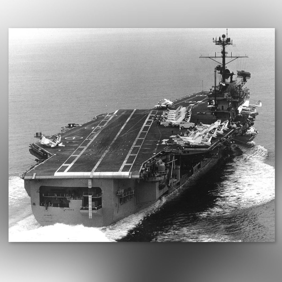 Boneyardsafari's tweet photo. USS Ranger CVA-61 underway in the early 70’s, note she still has her 5-inch/54 caliber Mark 42 guns.  In the early 60’s the four forward 5-inch guns were removed because their sponsons severely slowed the carrier in rough seas. #ussranger #cv61 #boneyardsafari #navalsafari https://t.co/DHV1a1pfpY