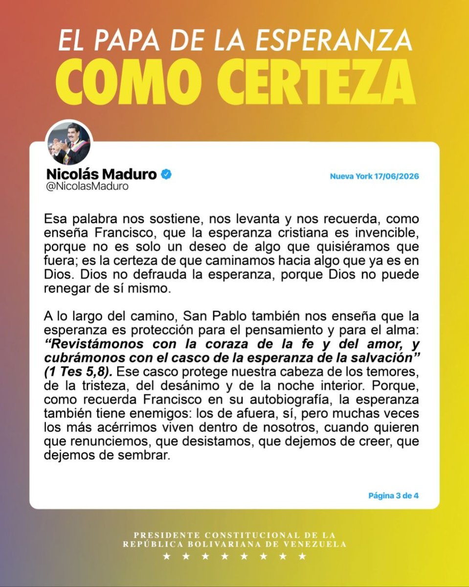 rtorrealba_'s tweet photo. Via @NicolasMaduro  La esperanza cristiana es invencible. Esta afirmación del papa Francisco, colmada de amor y gratitud, es la que hoy nos sostiene, nos levanta y nos impulsa a no dejar de creer ni de sembrar. https://t.co/sSIcTZI28U