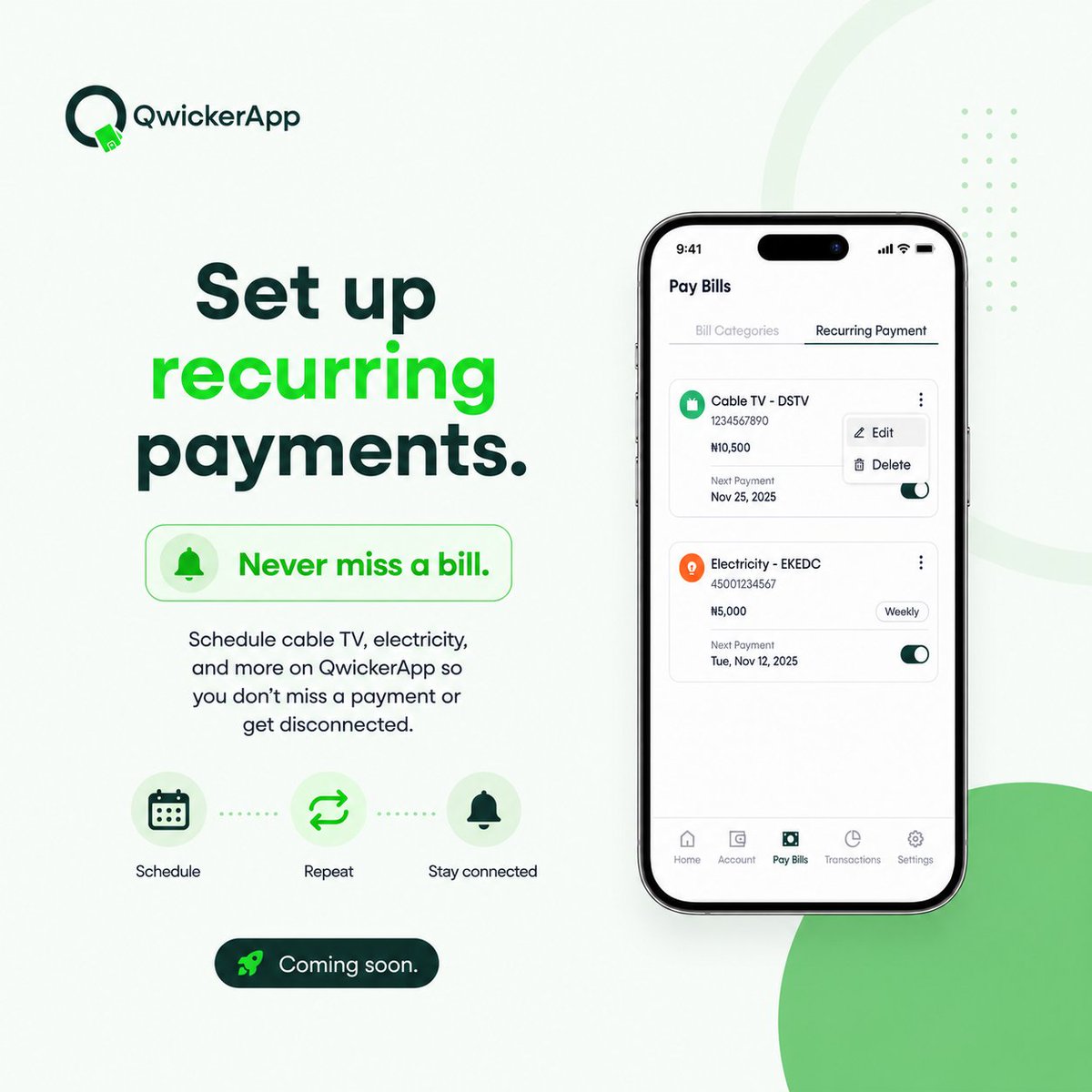QwickerApp's tweet photo. Never miss a bill. 💚

Set up recurring payments for cable TV, electricity, and more on QwickerApp, so you can stay connected without the last-minute panic.

Something quicker is coming.

#QwickerApp #RecurringPayments #BillPayments https://t.co/VQBH17Wm03