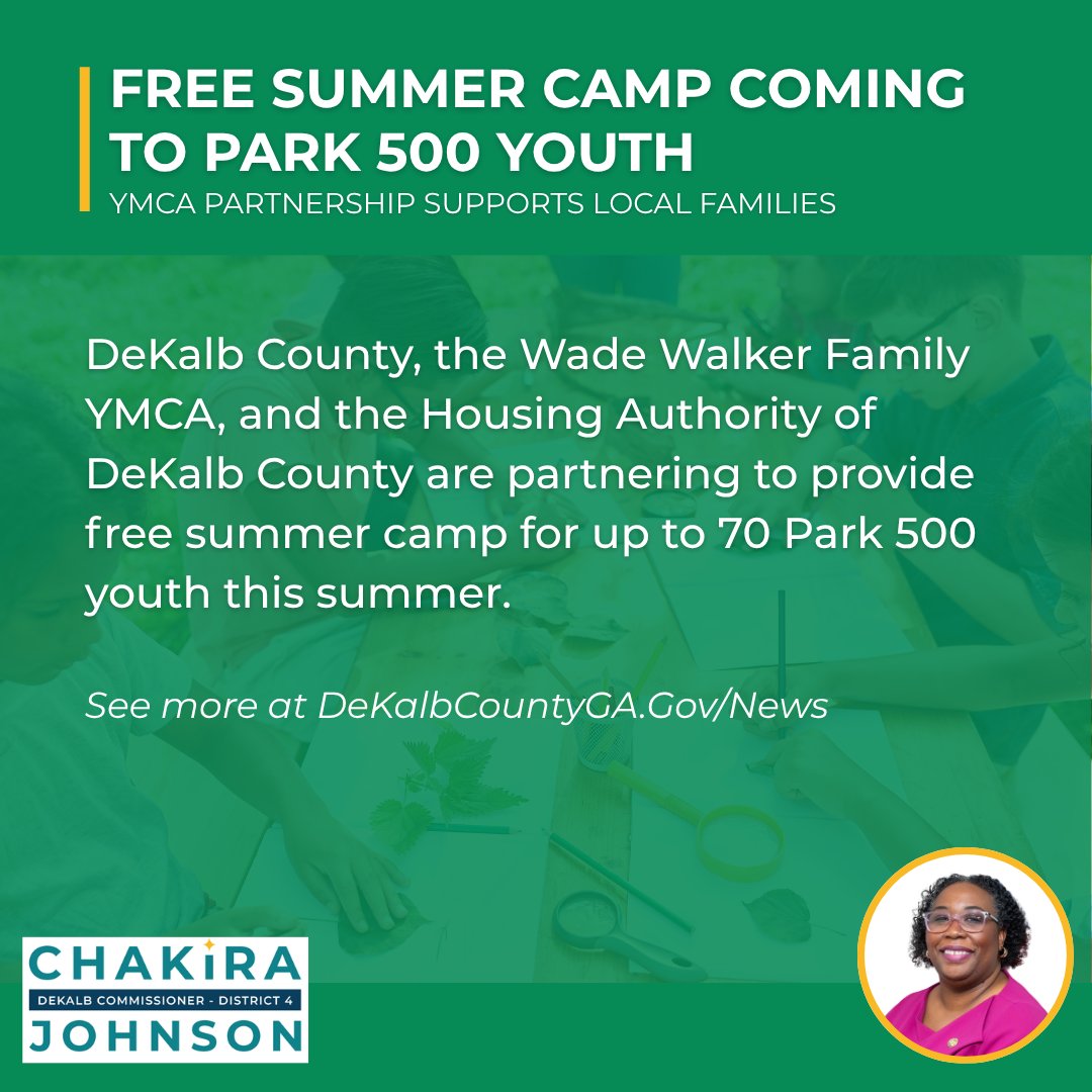 CommissionerCJJ's tweet photo. DeKalb County is partnering with the Wade Walker Family YMCA and the Housing Authority of DeKalb County to provide free summer camp opportunities for children living at Park 500.

Learn more at https://t.co/5aNWRvMkt7. https://t.co/gFR5AhQw1l