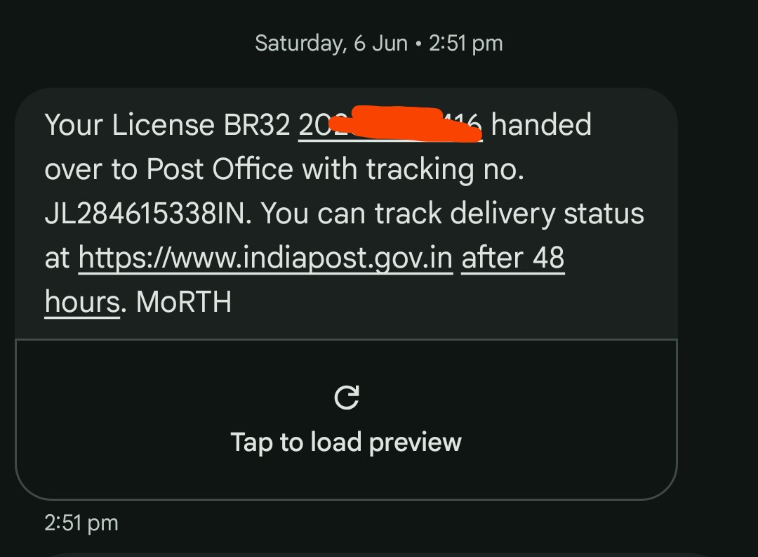 retort_reply's tweet photo. Dear. @IndiaPostOffice 
My DL handed over to post office on 06 June, still no information updated in post office website,  and no tracking details found.

Till when can I expect delivery? https://t.co/mxAOyCrKcS