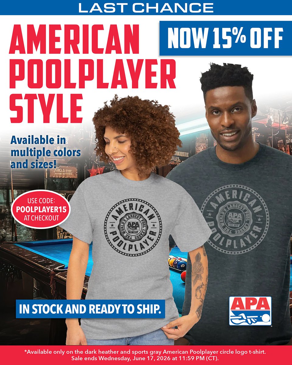 poolplayers's tweet photo. π¨ LAST CHANCE π¨
Today's your final opportunity to save 15% on the American Poolplayer Circle Logo Tee! #apapool #billiards #poolplayer
π https://t.co/NoE3Dl0vae https://t.co/kmZmPVSG06