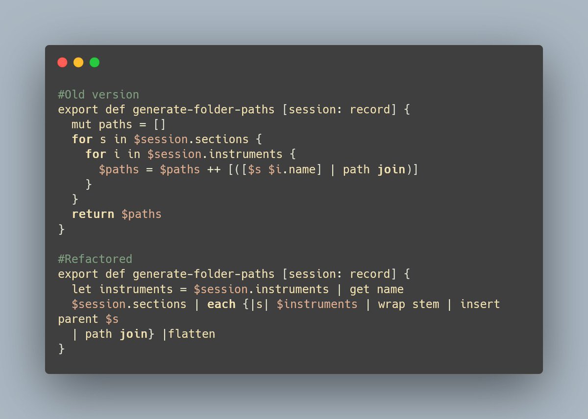 wavesinaroom's tweet photo. Transitioning into a more functional/declarative paradigm is challenging but I'm starting to like it \m/
#nushell #programming #coding #learning https://t.co/5Hj6zkQD3V