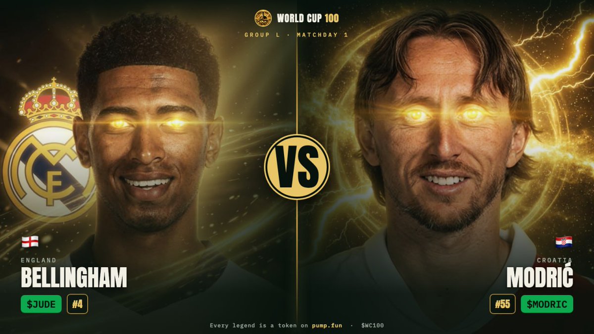 WC100_fun's tweet photo. 🏴󠁧󠁢󠁥󠁮󠁧󠁿 ENGLAND vs CROATIA 🇭🇷 — the real clash

Youth vs experience. $JUDE (#4) — England's golden boy — takes on the eternal maestro $MODRIC (#55). 👑

Two legends, two tokens, one midfield war. ⚔️

Who pumps? 📈

#Bellingham #Modric #pumpfun #Solana #WC100 #WorldCup #football #FifaWorldCup #WorldCup2026