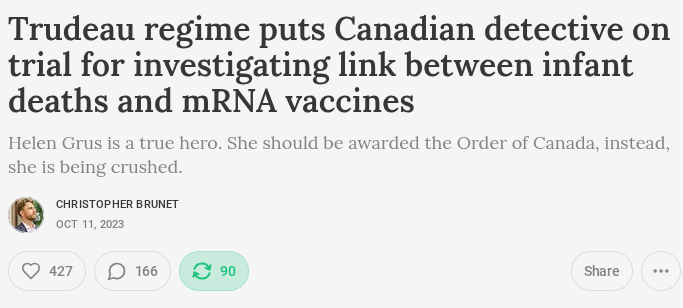 chrisbrunet's tweet photo. Detective Helen Grus is a true hero of the Covid era. She is a brave patriot who should be awarded the Order of Canada, instead, she is still being dragged through the mud and crushed by lawfare today, 5 years later.  

For background on her case, read my two articles: 

"Trudeau regime puts Canadian detective on trial for investigating link between infant deaths and mRNA vaccines"

https://t.co/qsHqi9PvoK 

"Canadian Detective Found Guilty of Investigating Infant Deaths Linked to mRNA Vaccines"

https://t.co/xtoz1E072E